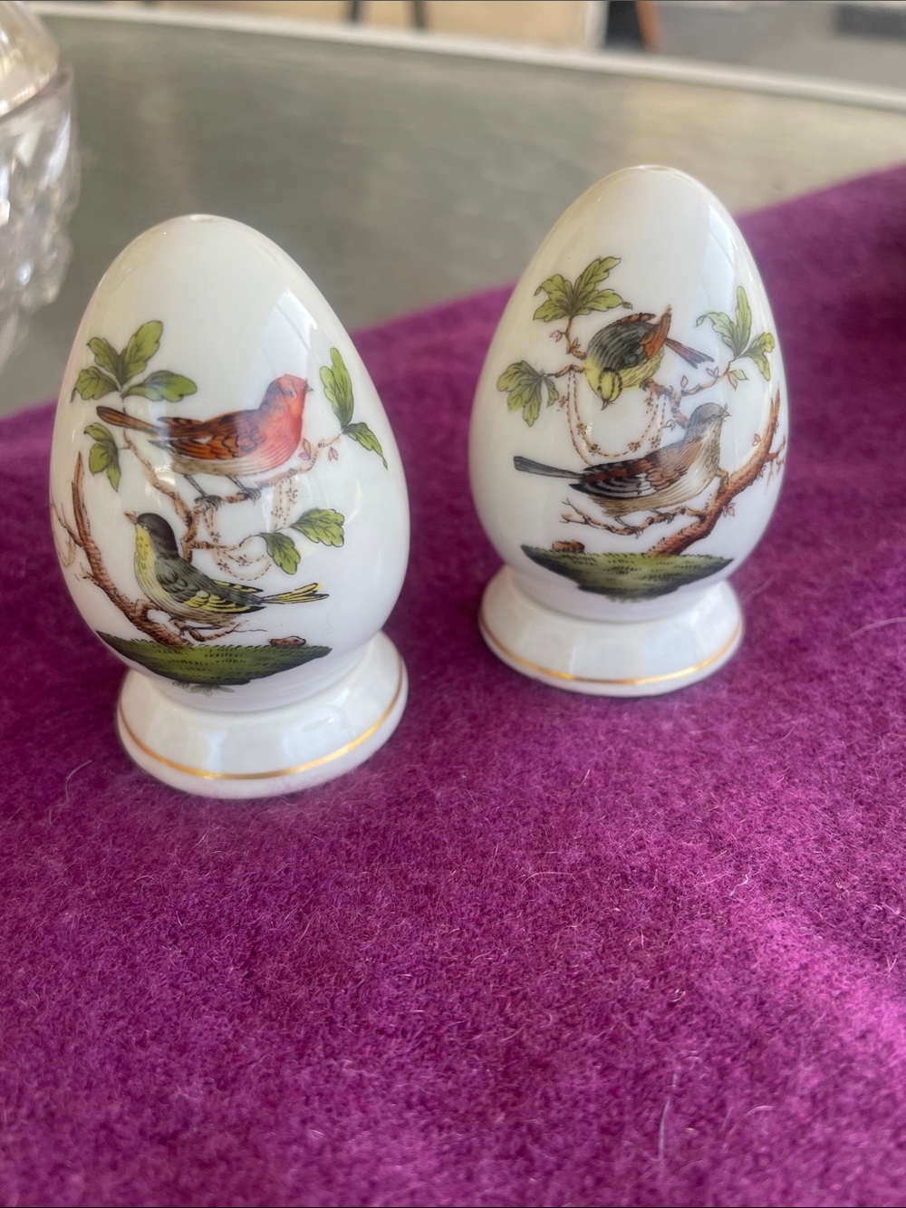 Porcelain Egg-Shaped Salt & Pepper Set with Multicolored Bird Motif -Rothschild